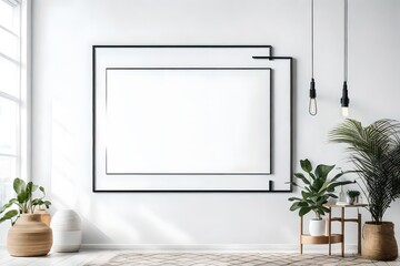 Poster mockup with vertical frame on empty minimal room in living room interior