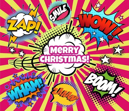 Comics Happy new Year. Vintage, retro style with graffiti elements, collage, cartoon cinema.