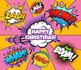 happy Christmas comics illustration. Vintage, retro style. Multicoloured collage, graffiti.