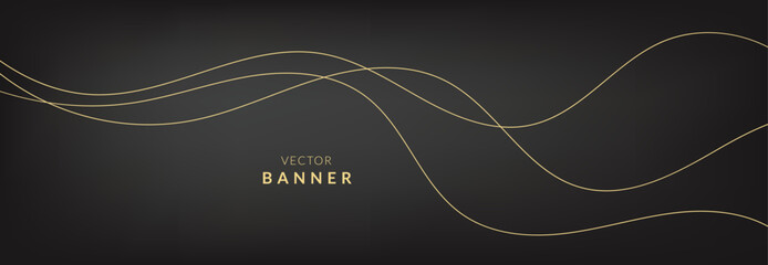 Abstract vector banner template. Shiny golden moving lines design element on dark background for greeting card and disqount voucher.