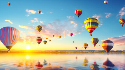 Multicolored hot air balloons at sunrise. Magic landscape over water surface. Banner