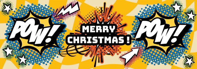 Merry Christmas comics. Cartoon comics, horizontally banner, vintage, retro style.