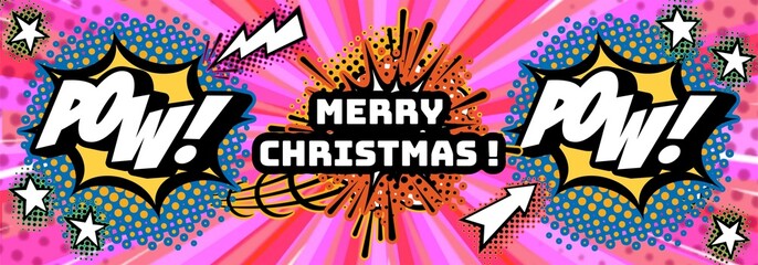 Merry Christmas comics. Cartoon comics, horizontally banner, vintage, retro style.