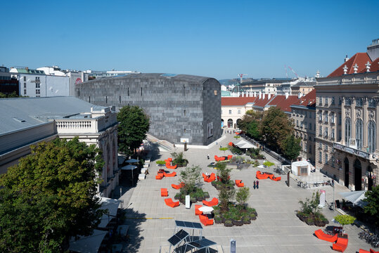 Museum Quartier with solar panels and Mumok Museum of Modern Art in the background