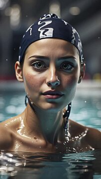  Olympic Swimmer in Stunning 3D Portrait in the Olympic Pool. Concept athlete while preparing for a competition at the Olympic Games. 