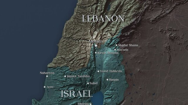 ISRAEL, 2023 OCTOBER - Map of Israel on the border with Lebanon, zoom in to Metula City