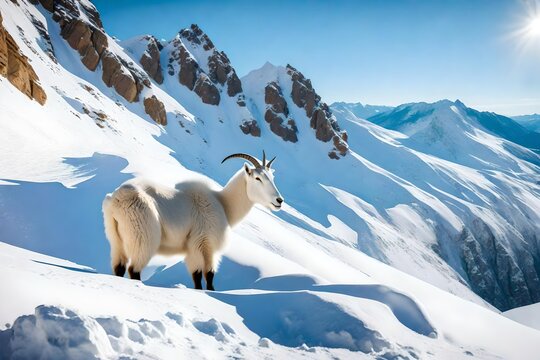 Mountain goat observing among the snow on a sunny day
