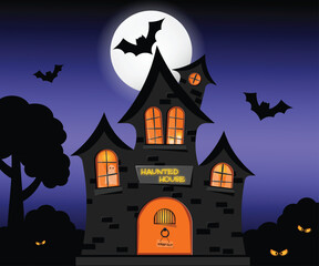 Haunted House with Glowing Moon Bats and Glowing Eyes Halloween Scene Premium Vector