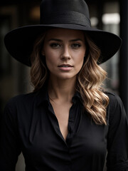 Beautiful female model with black blouse and hat