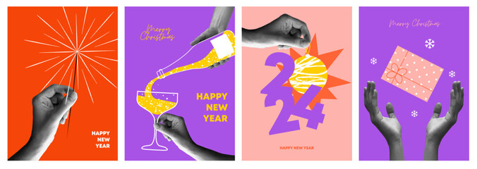 Happy new year 2024 design. Hands holding New Year's toy, gift, champagne and sparkler. Colorful collage style illustrations. Vector design for poster, banner, greeting and new year 2024 celebration.	