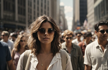 crowds of people walking through the streets of new york city - obrazy, fototapety, plakaty