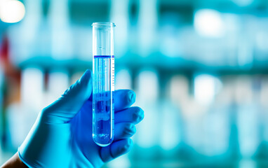 Scientist hand holding a test tube with blue sample chemicals or liquid in laboratory. Glassware in medical research. Scientific lab for Biotechnology. Shallow field of view with copy space.