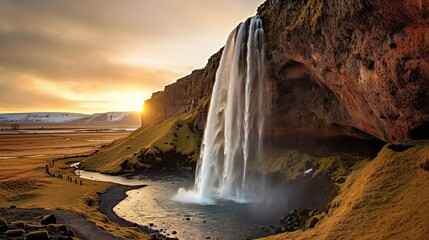 Free photo waterfall flowing and midnight sunset shining in summer