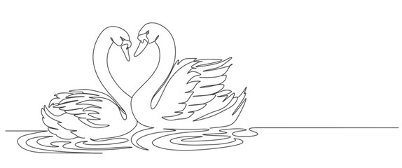 Couple swans line art style vector illustration. Couple of romantic birds for wedding invitation design. Vector illustration, isolated on white.