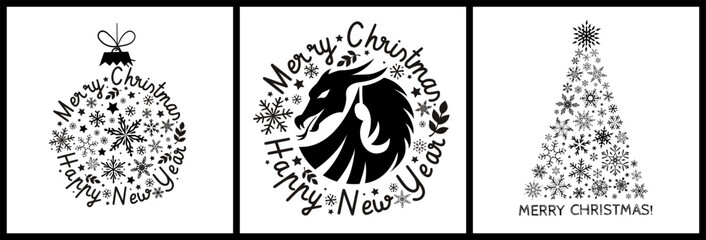 Set of Mary Christmas and Happy New Year cards! Vector graphic illustration with dragon. For greeting cards, flyers, invitations, posters, calendars, brochures, banners