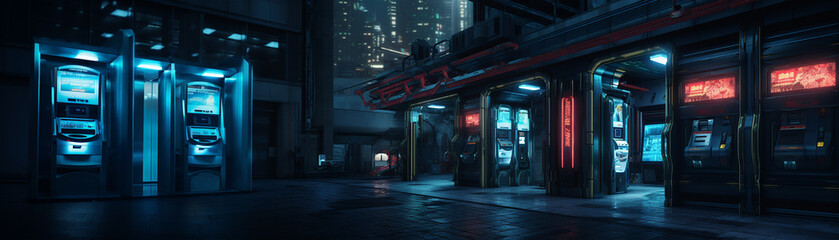 Fototapeta premium Futuristic cyberpunk urban cityscape, Neon Lights, subway station in the night