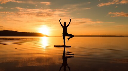 Free photo yoga tree pose on the beach with sunset
