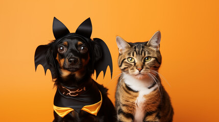 Dog and cat, wearing halloween costume. Orange Background. Halloween Theme