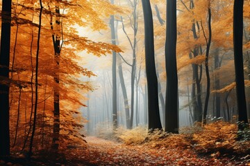 Vivid autumn woods stretching wide. Generative AI