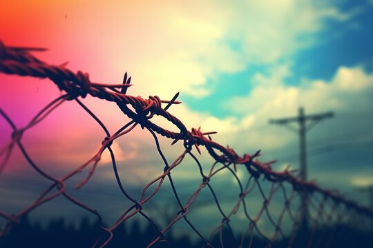 Rainbow in the background behind a barbed wire fence. Generative AI