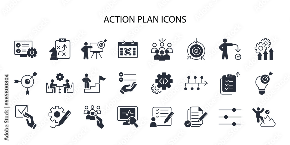 Poster action plan icon set.vector.editable stroke.linear style sign for use web design,logo.symbol illustr