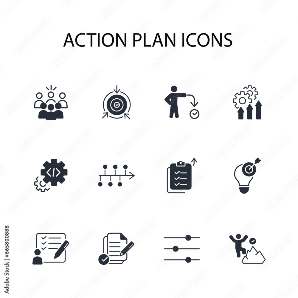 Poster action plan icon set.vector.editable stroke.linear style sign for use web design,logo.symbol illustr