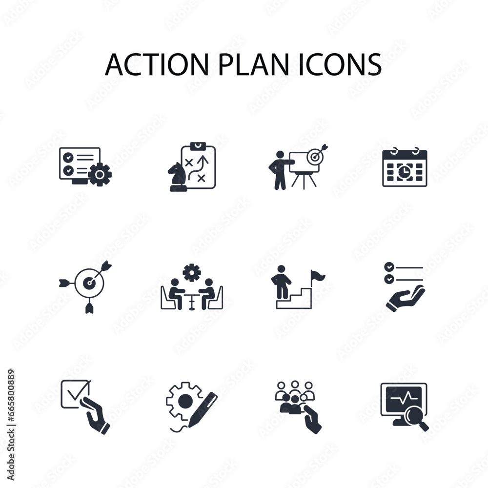 Poster action plan icon set.vector.editable stroke.linear style sign for use web design,logo.symbol illustr