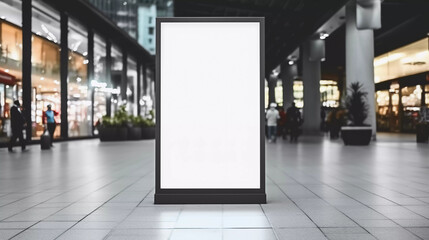 Digital media blank black and white screen modern panel signboard for advertisement design in shopping centre gallery, mockup with blurred background, digital kiosk - obrazy, fototapety, plakaty