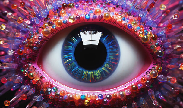 Illustration of a human eye framed by precious stones,Generated by AI
