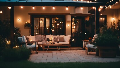 Fototapeta premium Garden lights illuminating the patio of a beautiful suburban house on a summer evening
