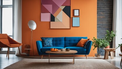 Bright multicolored living room: Features blue sofa, orange armchair, and table