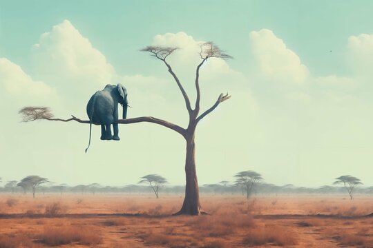 Hazard and depression - lonely elephant sitting on thick tree branch, wildlife risk