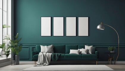 Modern living room interior: Bright and cozy with green sofa and decor on dark blue wall