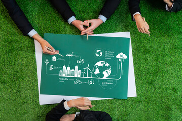 Top view ESG investment project with business leaders in meeting, brainstorm and invest in green...