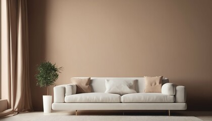Empty wall background in a warm-toned living room with sofa