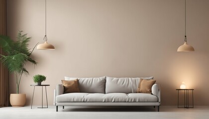 Warm-toned living room interior with empty wall background and sofa