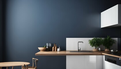 Minimalist interior design in a kitchen with a mockup dark blue wall