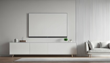 White wall-mounted TV and leather sofa in a minimal design living room