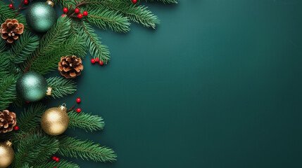 Christmas branches and decorations on green background with copy space top view. Generative AI