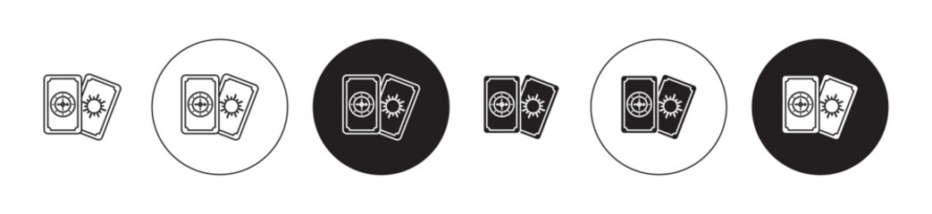 Tarot icon set. magic fortune cards vector symbol in black filled and outlined style.