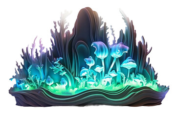 3D Icon of a Mystical Forest with Bioluminescent Plants on transparent background.