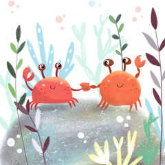 Two cute crabs dancing on a rock. Cute Marine Illustration