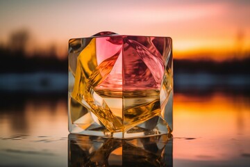 Abstract glass sculpture with pink and yellow colors on stand, water background, rule of thirds, hyper realistic, sharp focus, film photography, golden hour. Generative AI