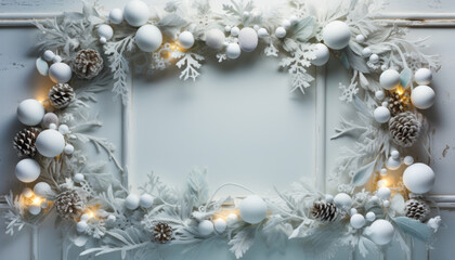 Winter beautiful frame adorned with pinecones,winter berries, eucalyptus leaves, and delicate snowflakes
