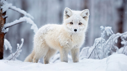 Cute young white arctic fox in the winter snow, beautiful animal