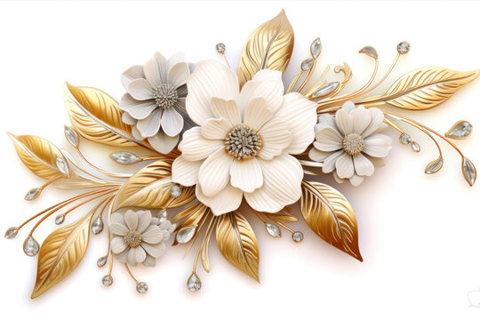 white and gold flowers with gold leaves on white background