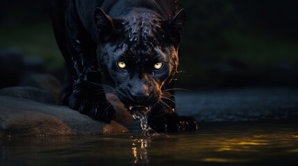 Black panthers dark colored individuals of the genus Panthera, family of cats, black predatory wild animal, powerful fast animal, aggressive . - obrazy, fototapety, plakaty