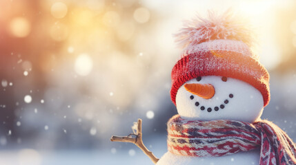 Panoramic view of happy snowman in winter scenery with copy space. Generative AI