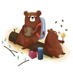Bear and baby bear in the forest. Two teddy bears eating in the forest on a log