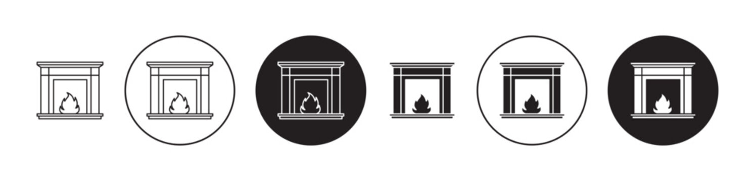 fireplace icon set. house chimney firewood vector symbol in black filled and outlined style.